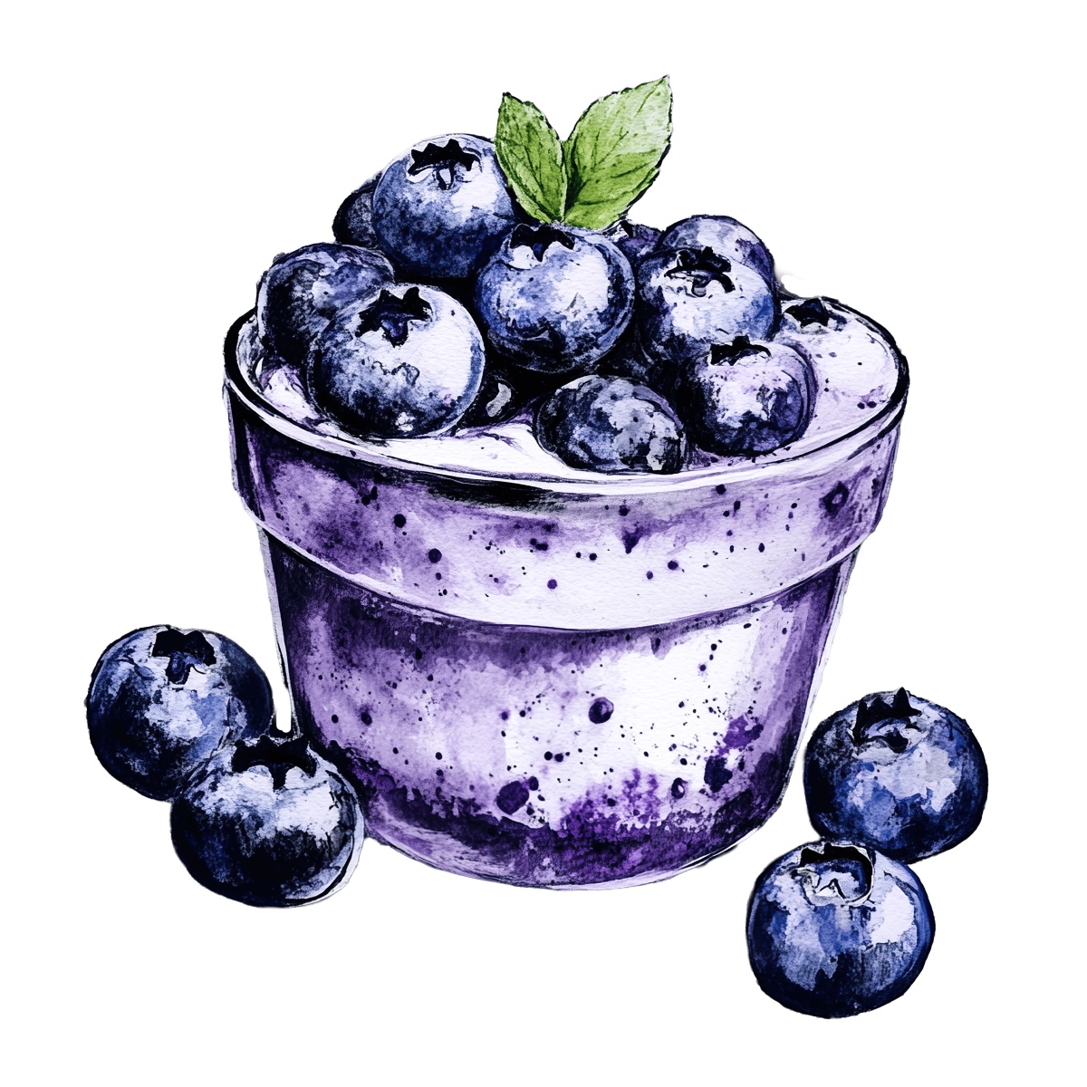 Blueberry yogurt in a cup with fresh blueberries and mint leaves on top.