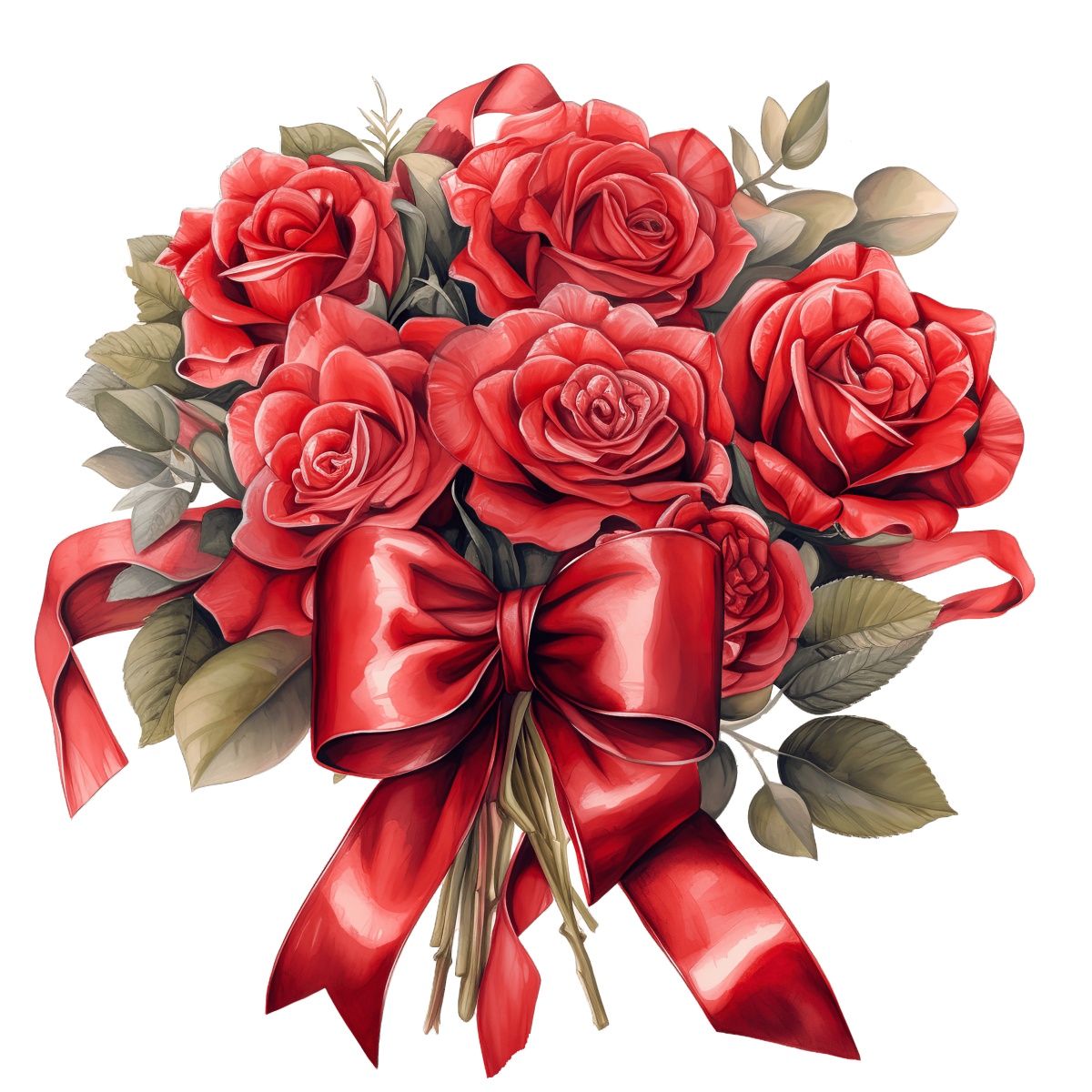 Bouquet of red roses tied together with a shiny red ribbon.
