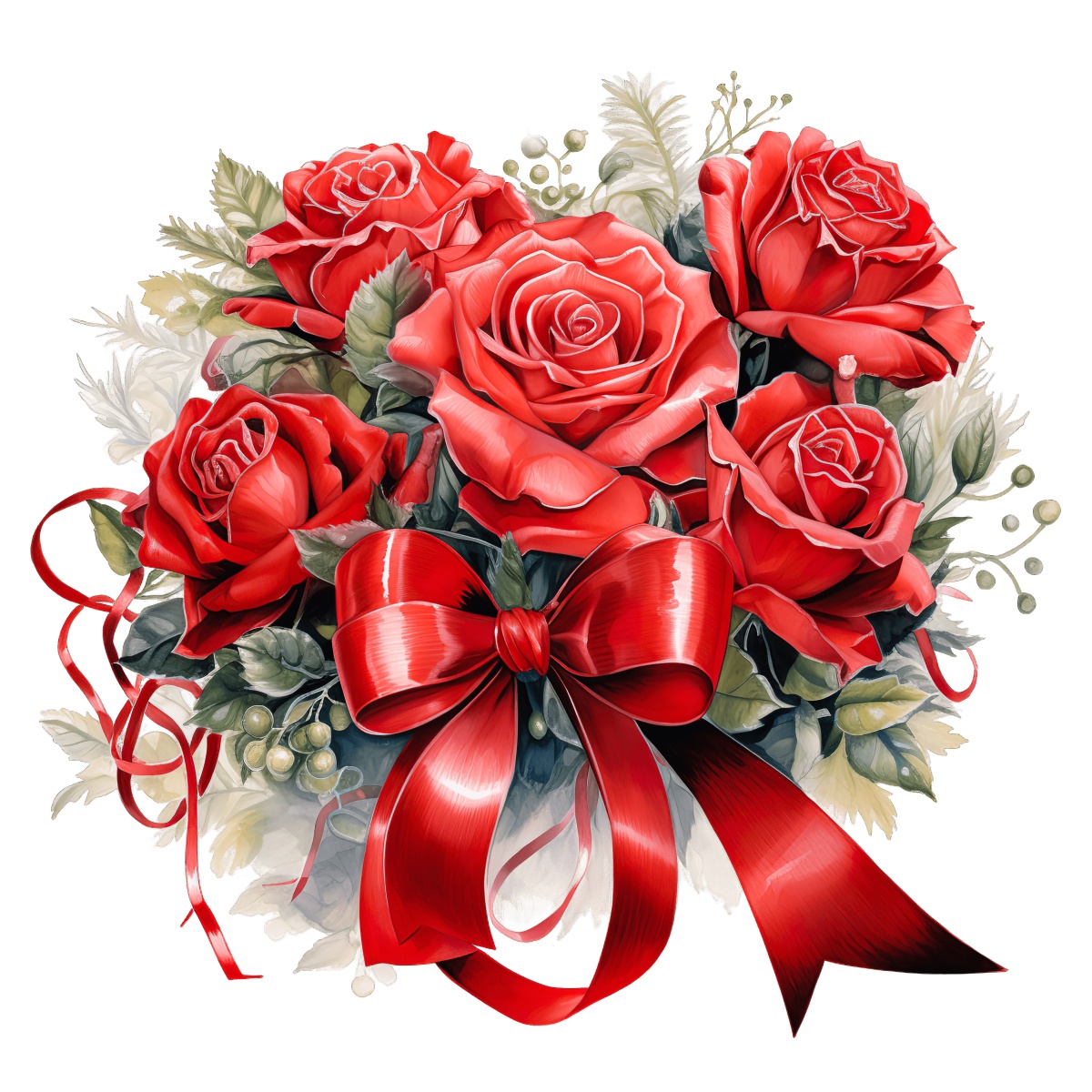 Bouquet of red roses with lush greenery and a red ribbon.