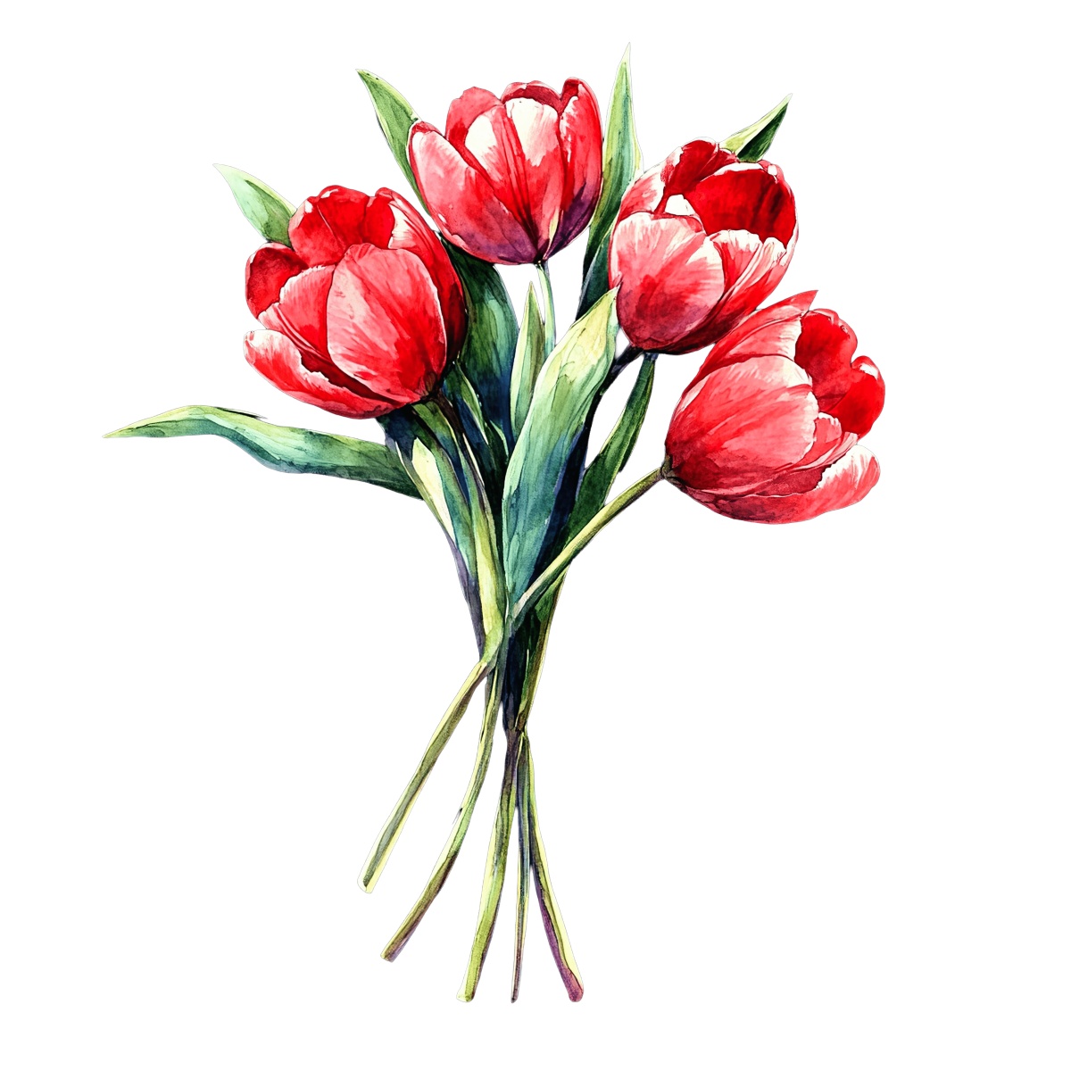 Red tulips with green leaves arranged as a bouquet on a black background.