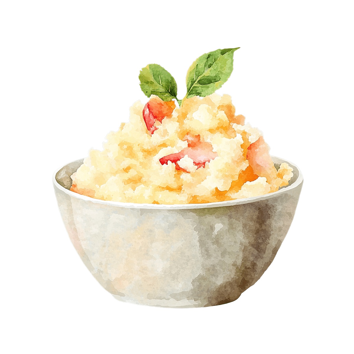 Bowl of mashed potatoes with fresh herbs.