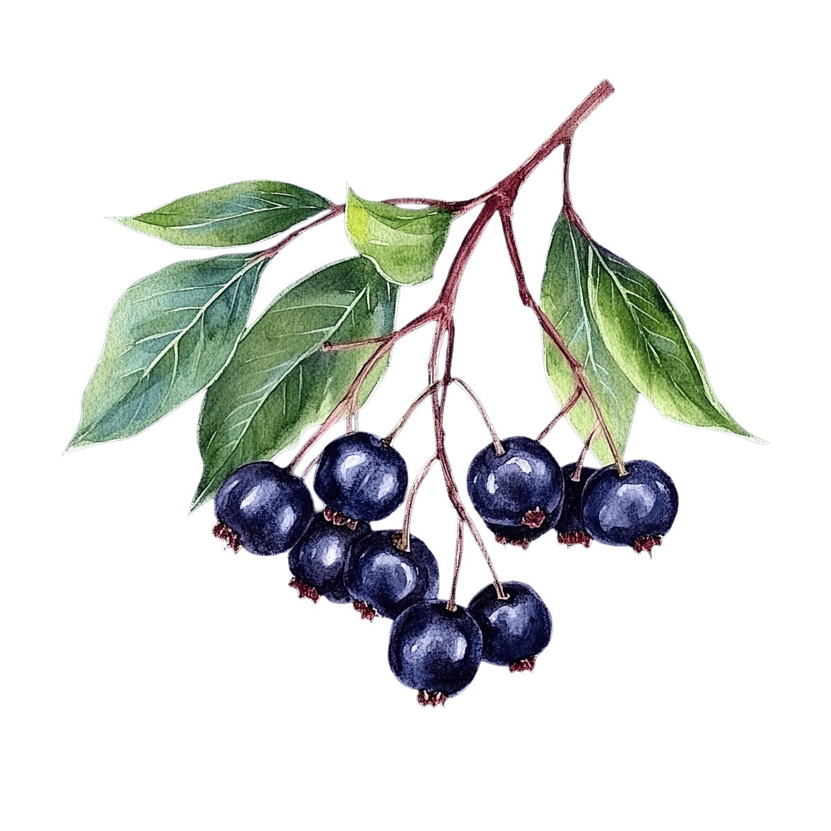 Black chokeberries and green leaves on a branch.