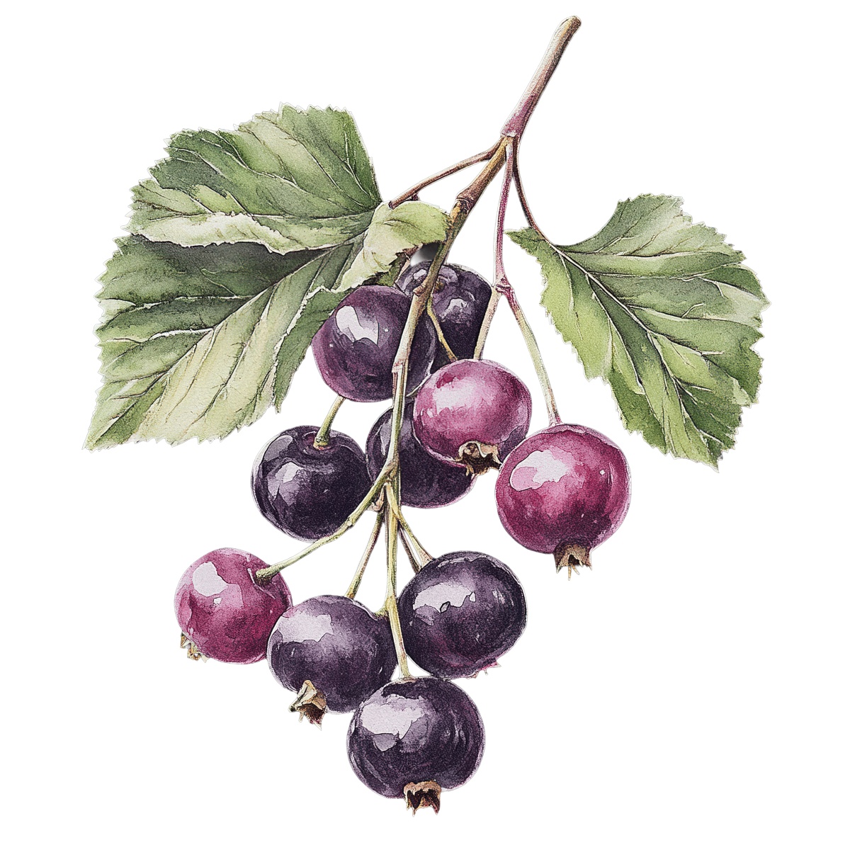 Blackcurrants on a branch with green leaves.