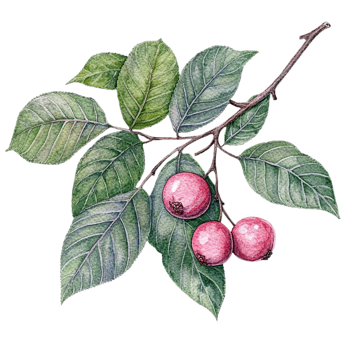 Branch with green leaves and red berries.