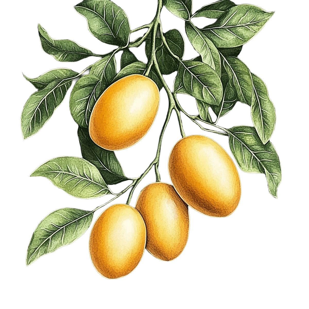 Ripe yellow miracle fruits on a branch with green leaves.