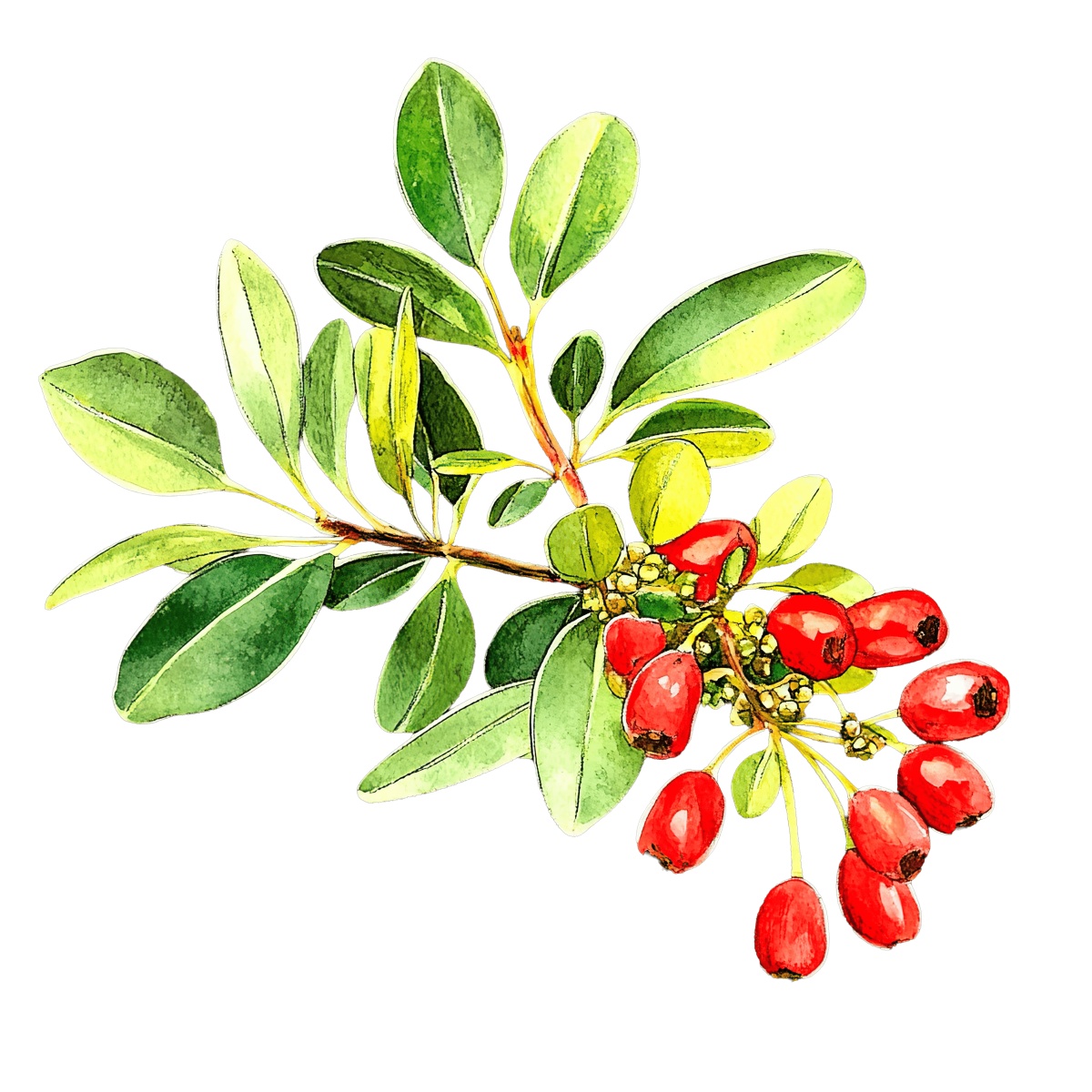 Branch with red berries and green leaves.