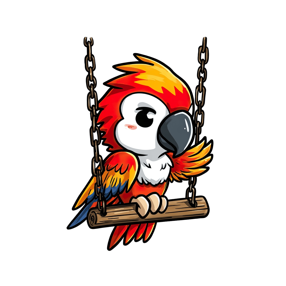 Parrot with orange and yellow feathers on a wooden swing.