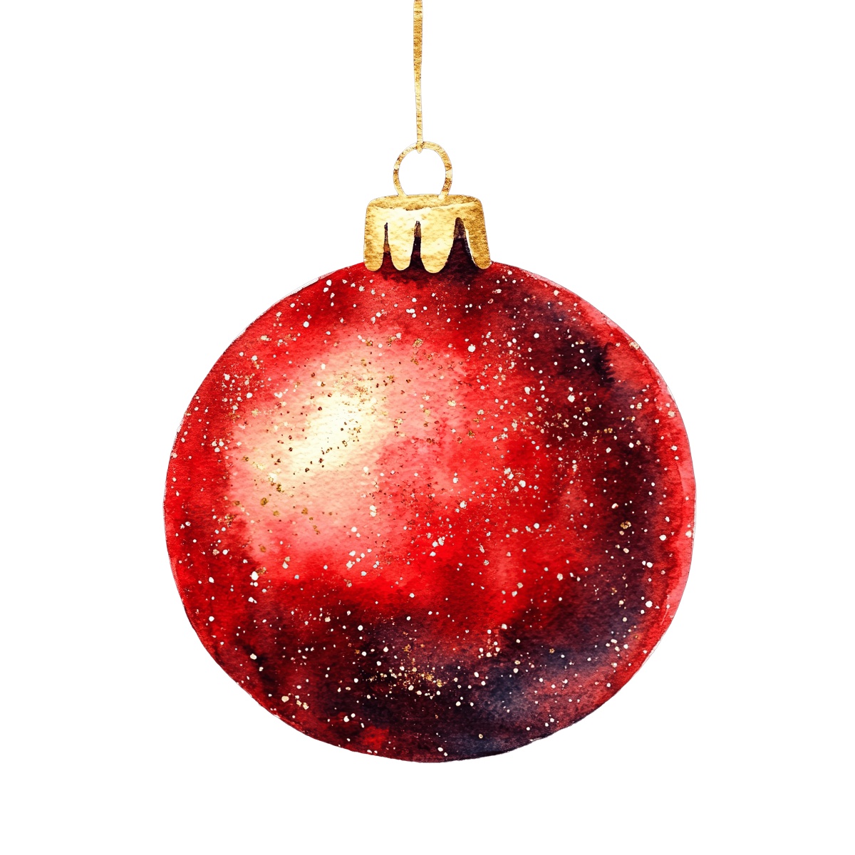 Red Christmas ornament with gold glitter and hanging loop on a dark background.