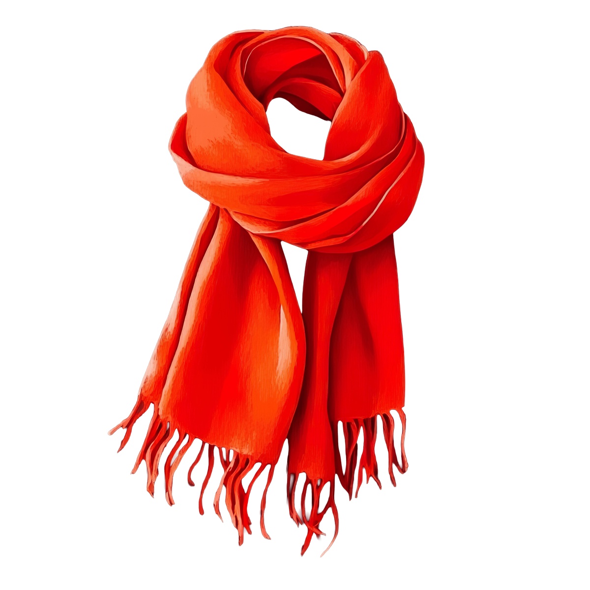Bright red scarf with fringed tassels and textured fabric displayed on black.
