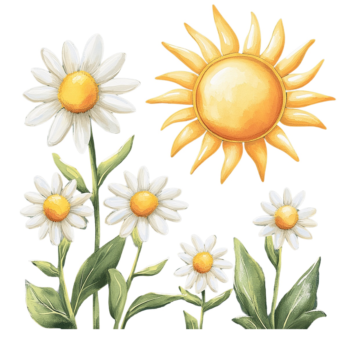 Sun with yellow rays and white daisies with green leaves.