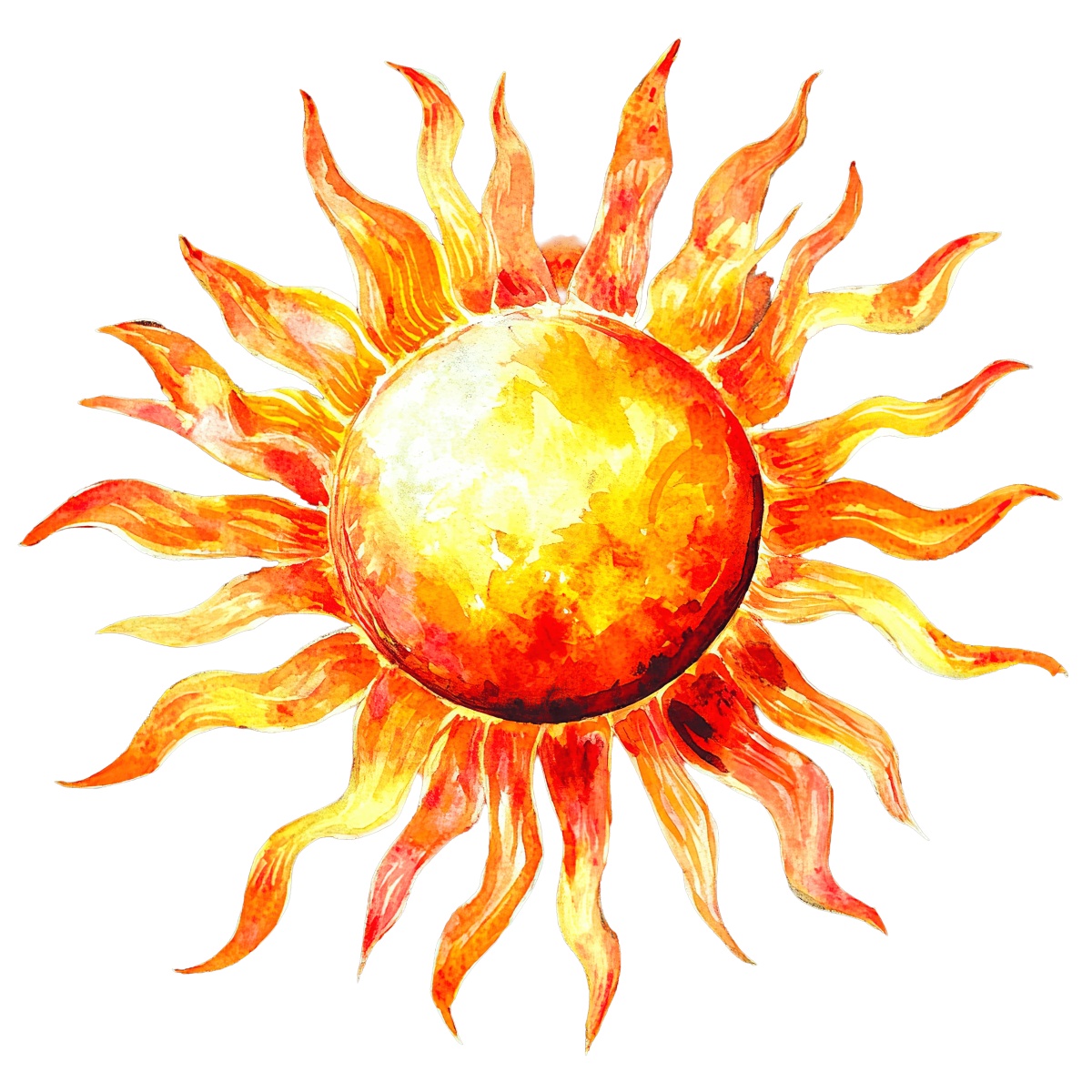 Illustration of a bright sun with orange and yellow rays on black.