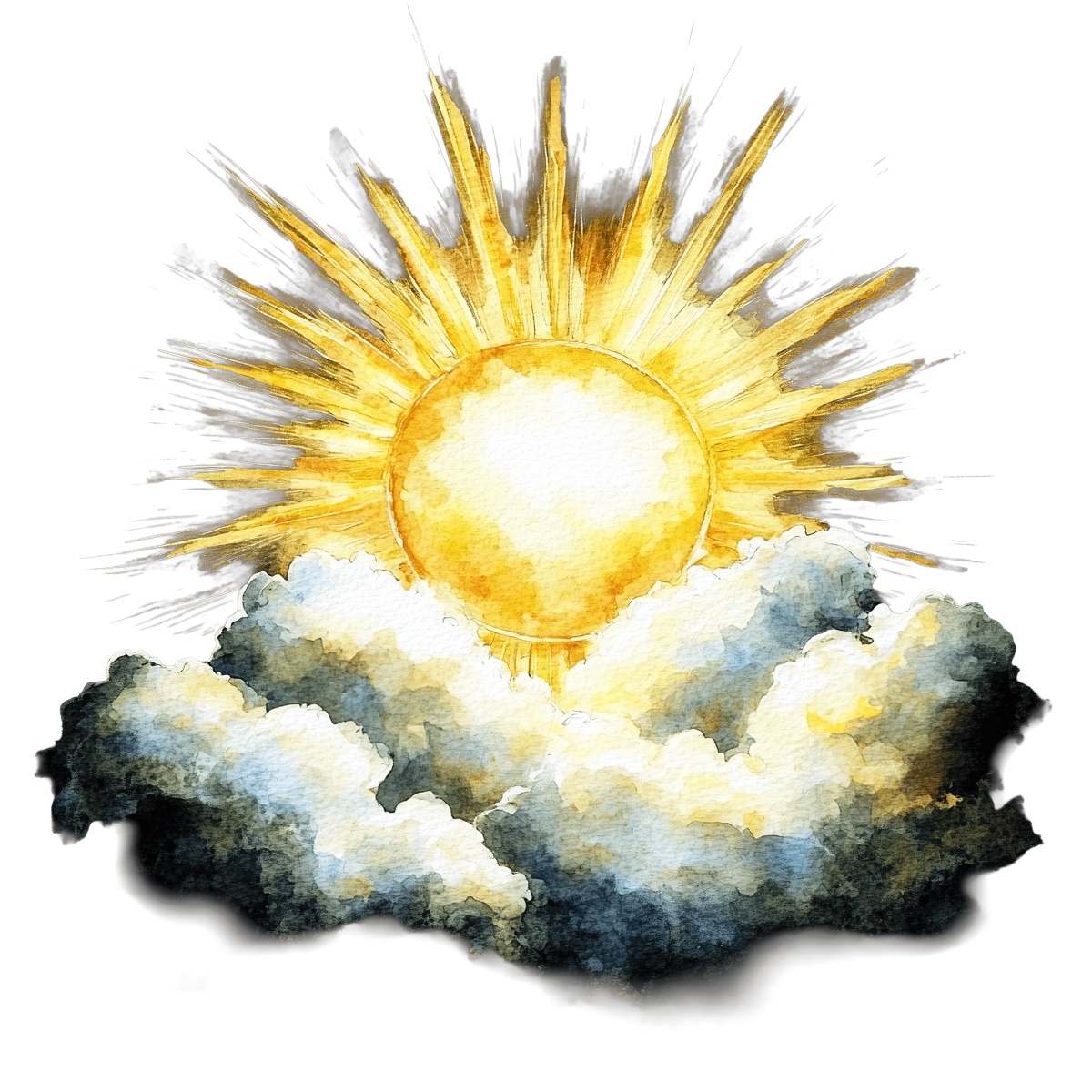 Watercolor illustration of the sun with rays behind clouds in the sky.