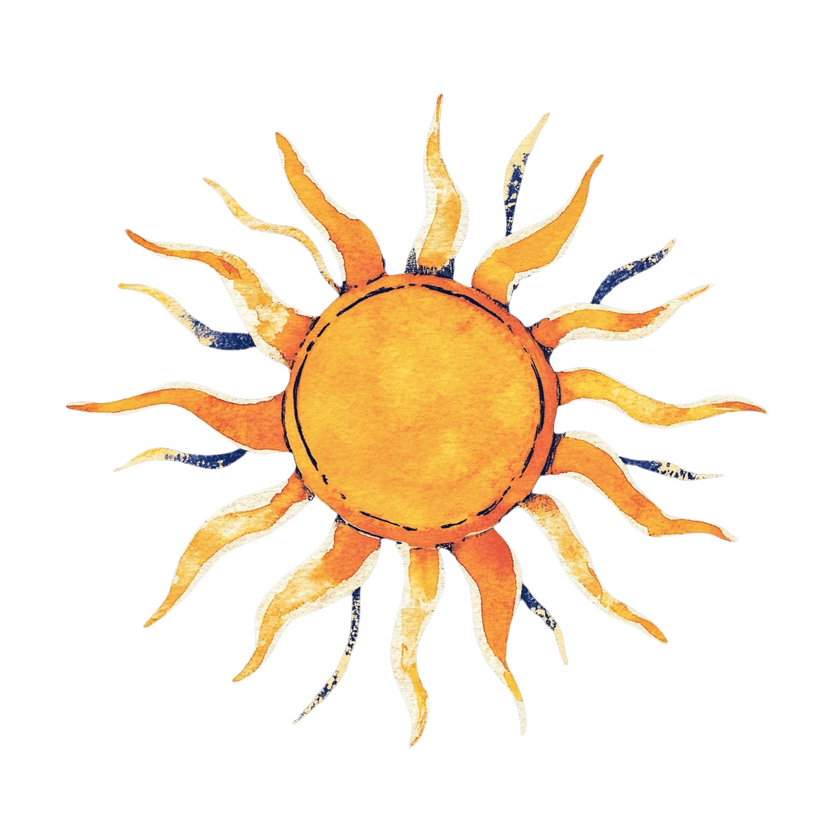 Bright orange watercolor sun with swirling flames on a black background.