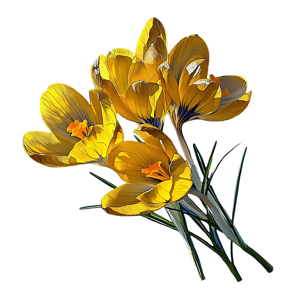 Yellow crocus flowers with green stems on a black background.