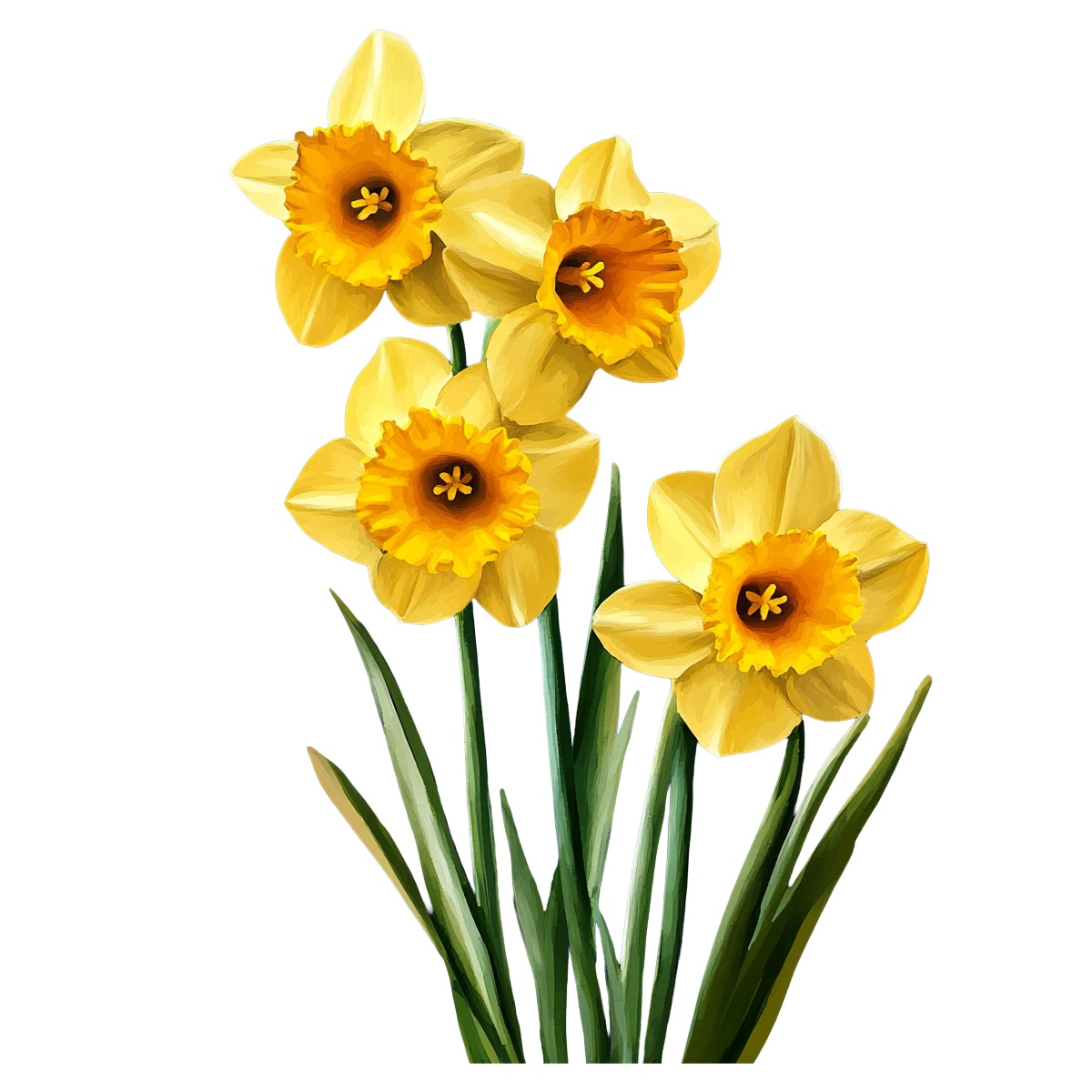Yellow daffodil flowers with green stems depicted on a black background.