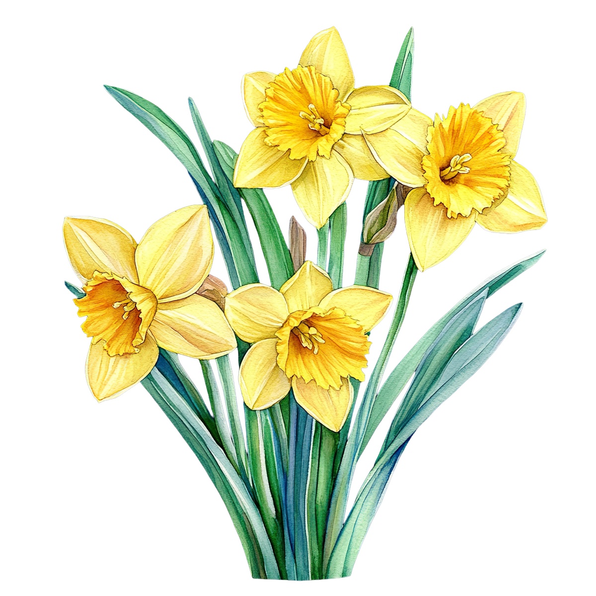 Yellow daffodils with green leaves on a black background depiction.