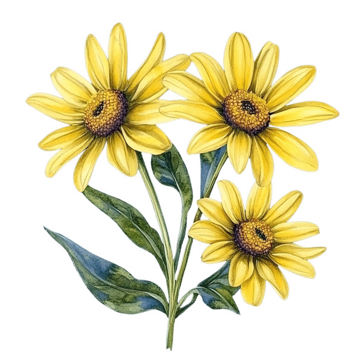 Bright yellow daisies with green leaves on a black background.