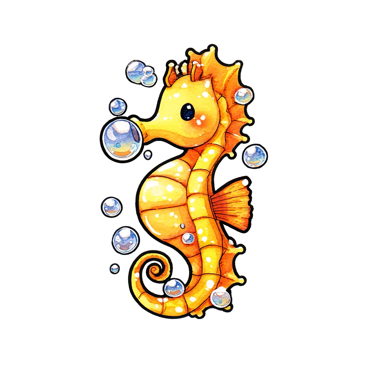 Yellow seahorse with bubbles on a black background, showing detailed body and fins.