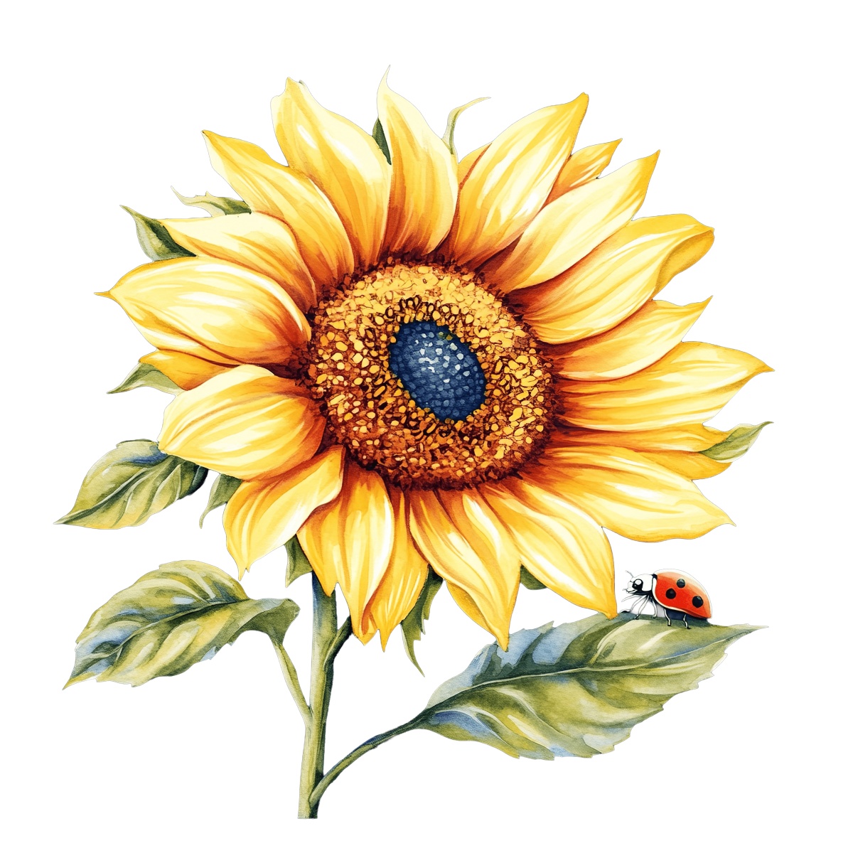 Yellow sunflower with green leaves and a red ladybug on a black backdrop.