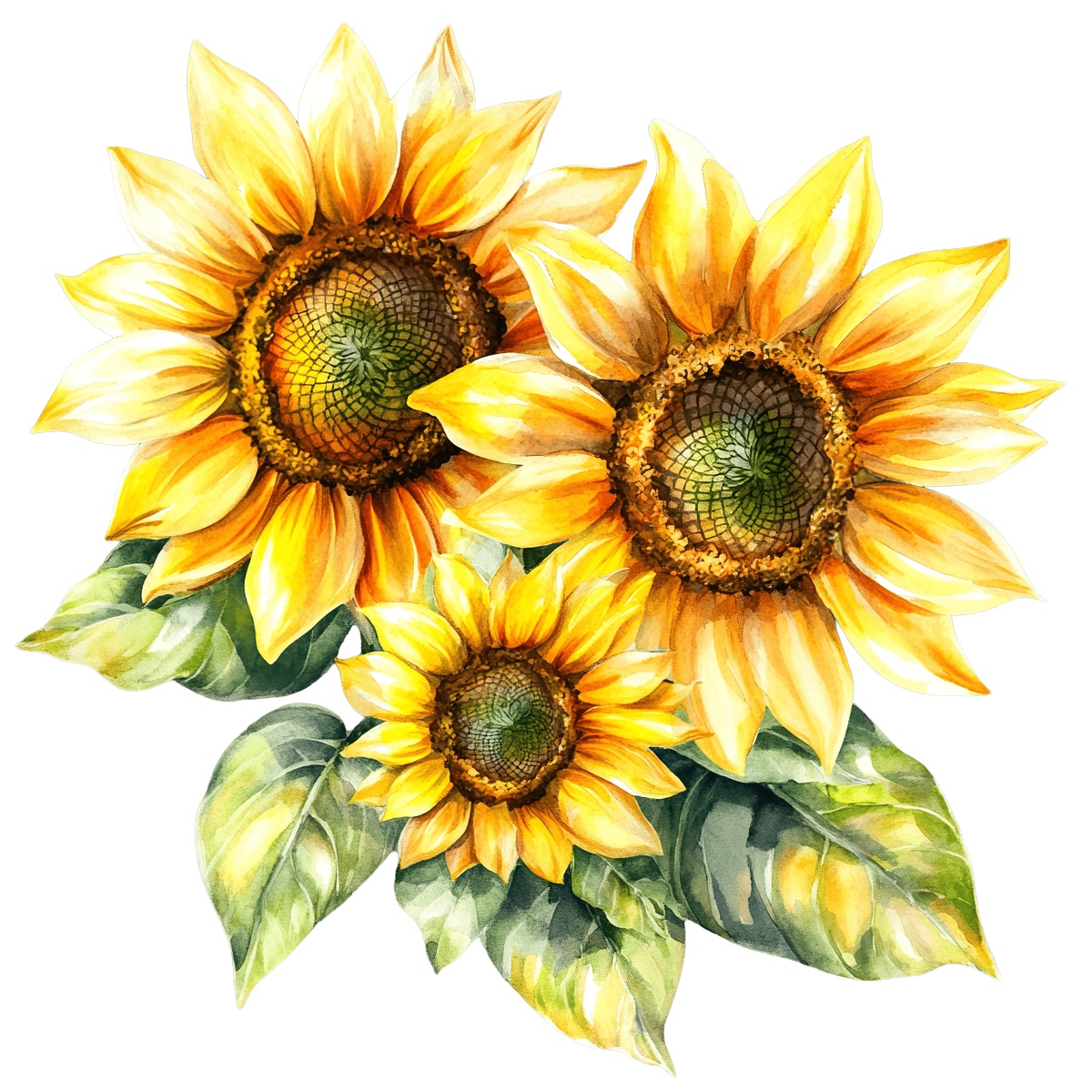Vibrant yellow sunflowers with green leaves shown on a black background.