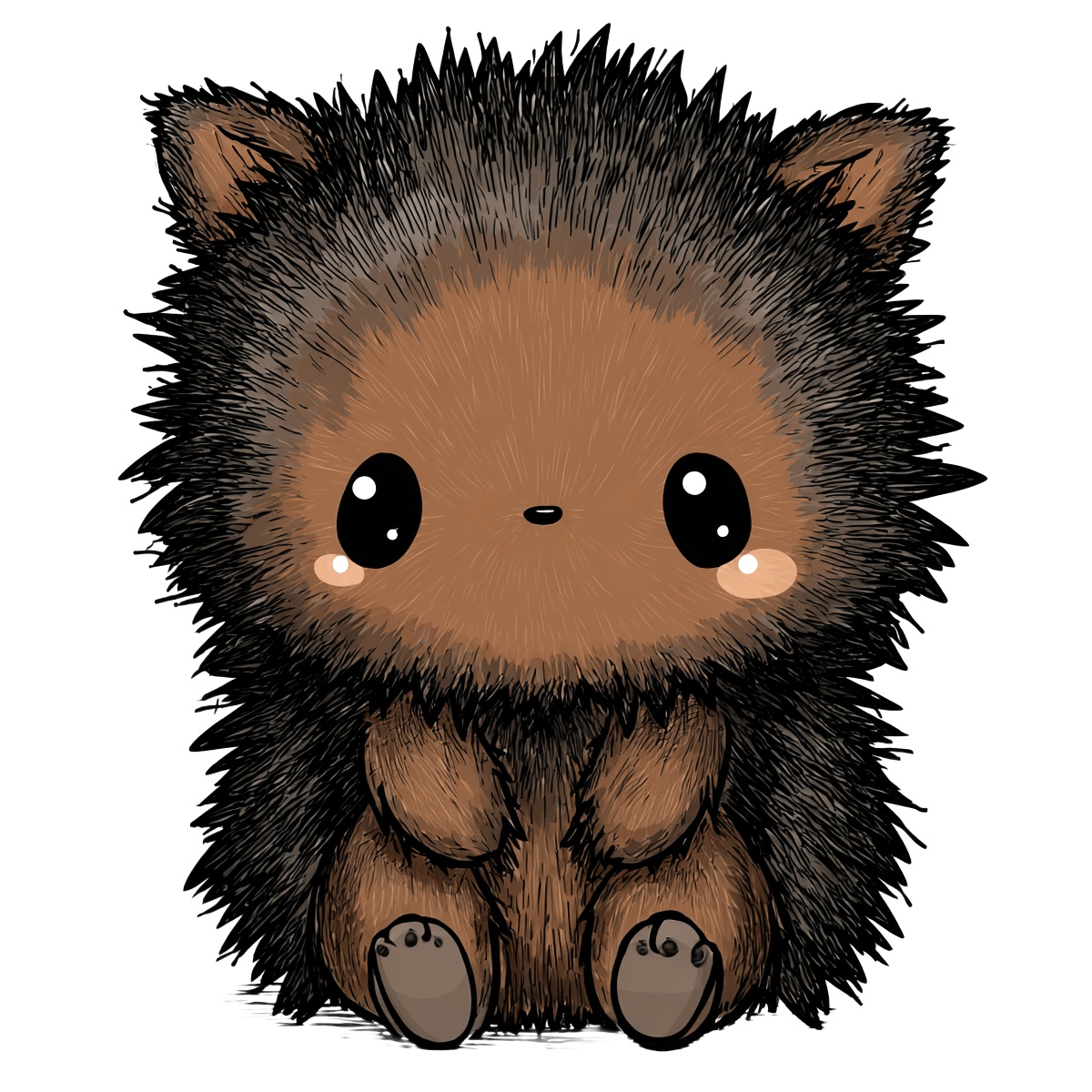 Fluffy hedgehog clipart with brown and black fur, large eyes.