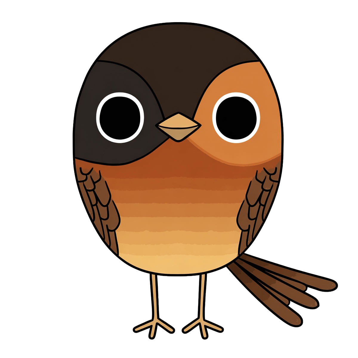 Circular bird illustration with brown and orange gradient and black markings.