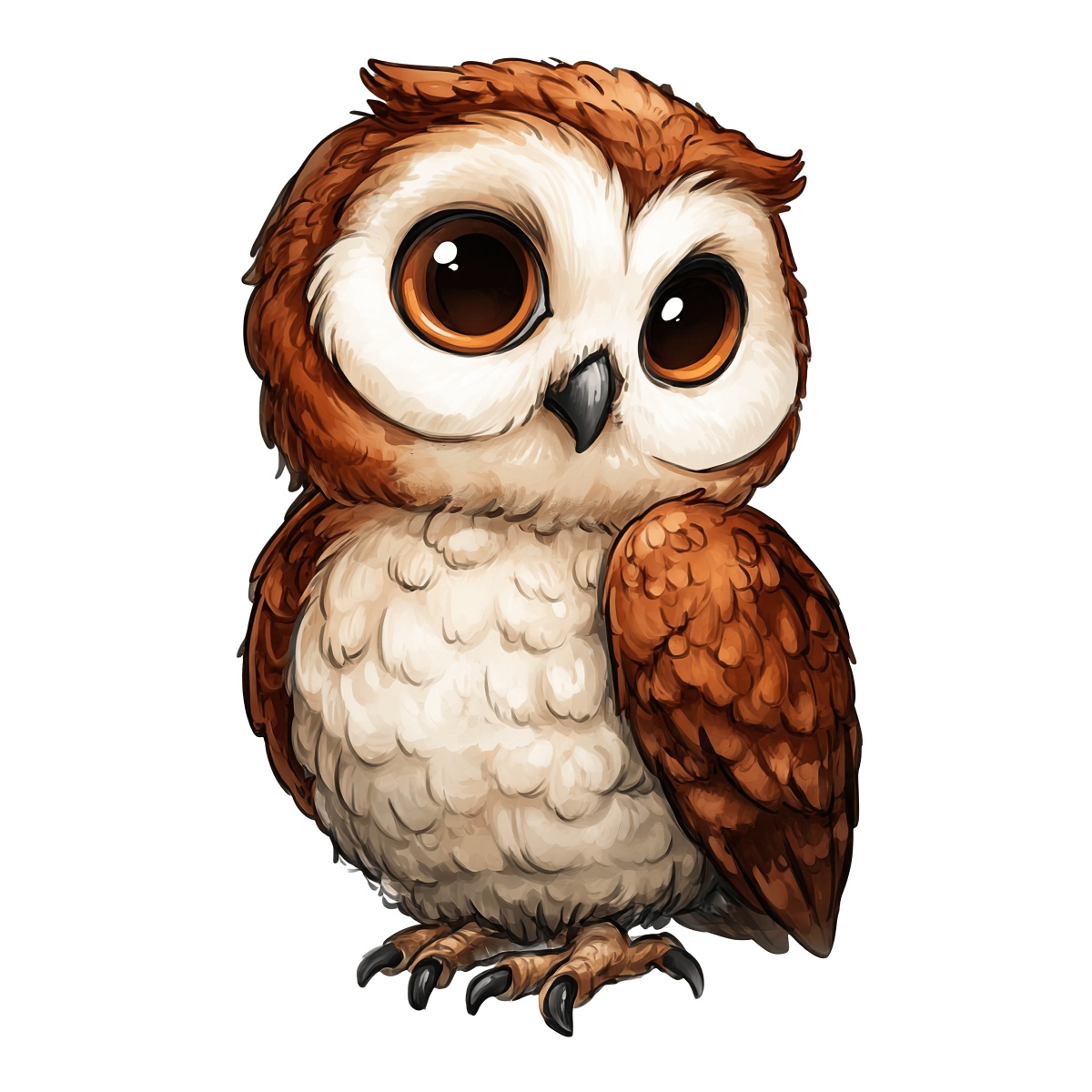 Owl clipart with brown and white feathers and large black eyes.