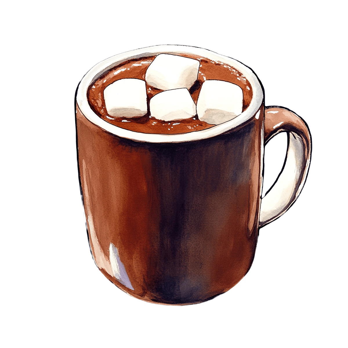 Brown ceramic mug filled with hot chocolate and topped with marshmallows.