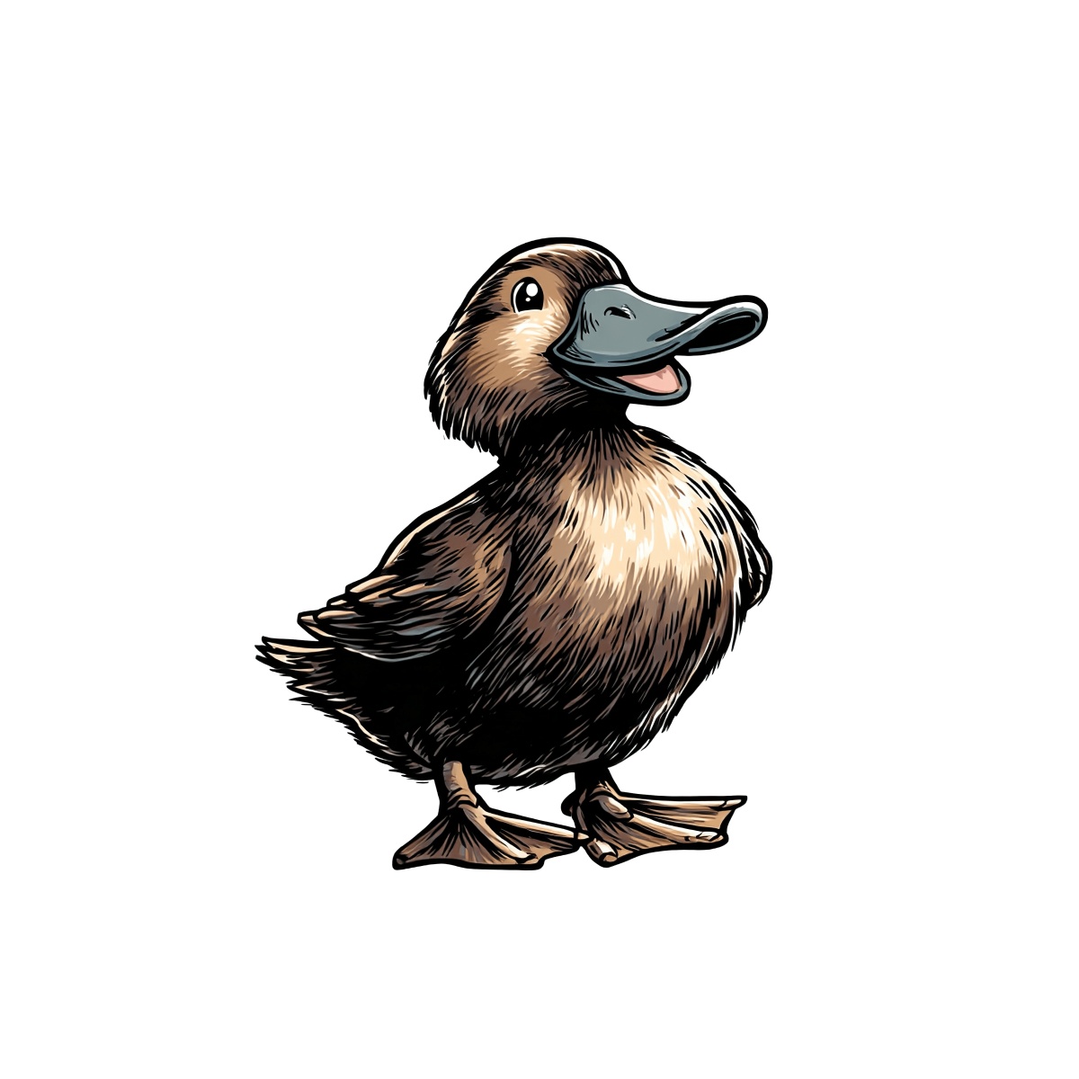 Brown duck illustration with blue beak and detailed feathers.