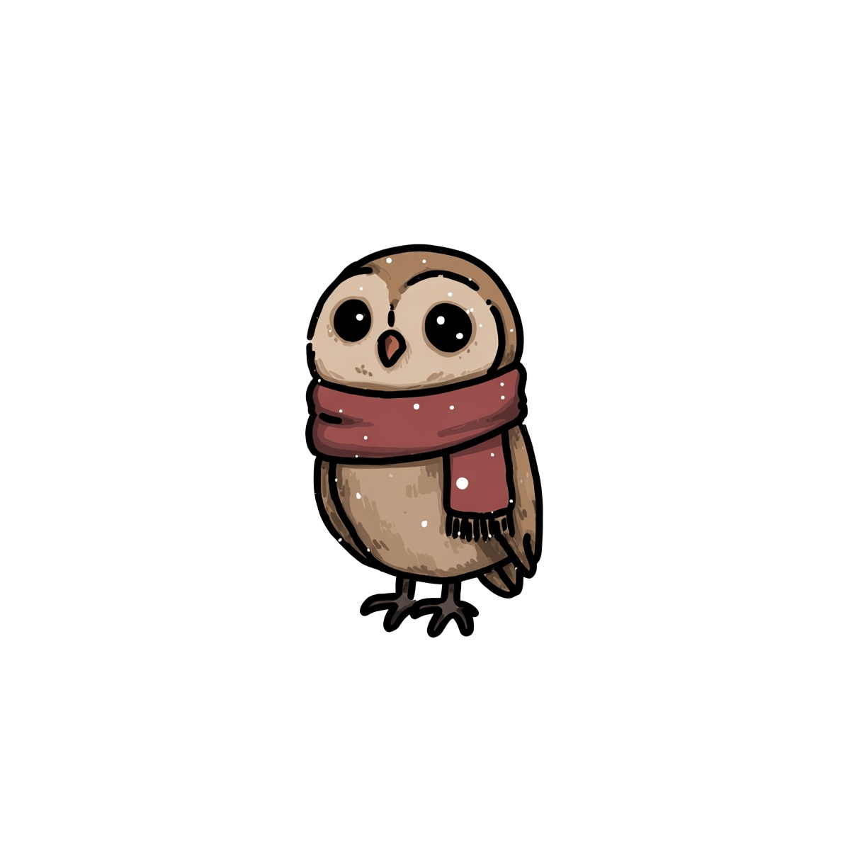 Brown owl with a red scarf, round eyes, plain backdrop.