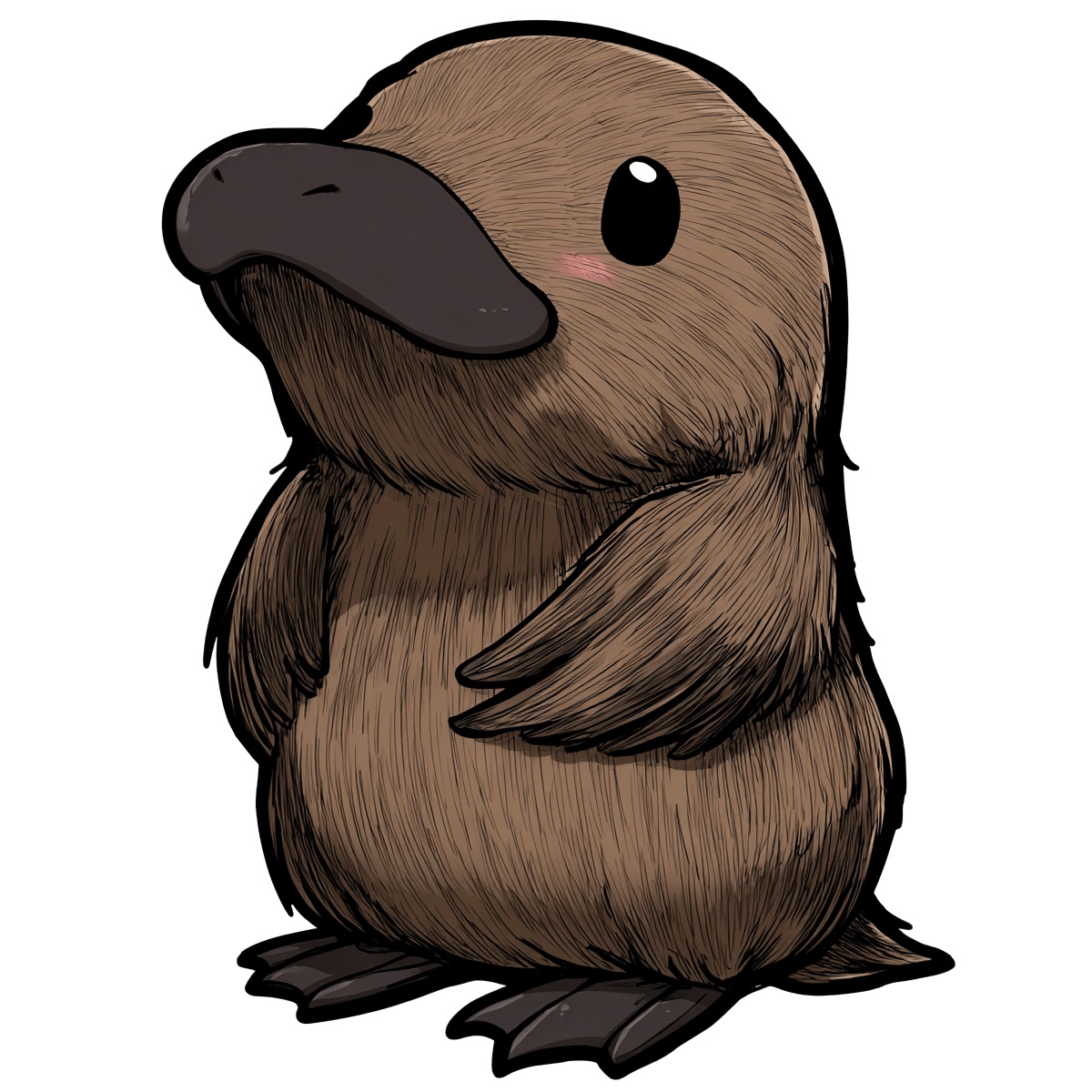 Brown platypus with dark bill and webbed feet in cartoon style.