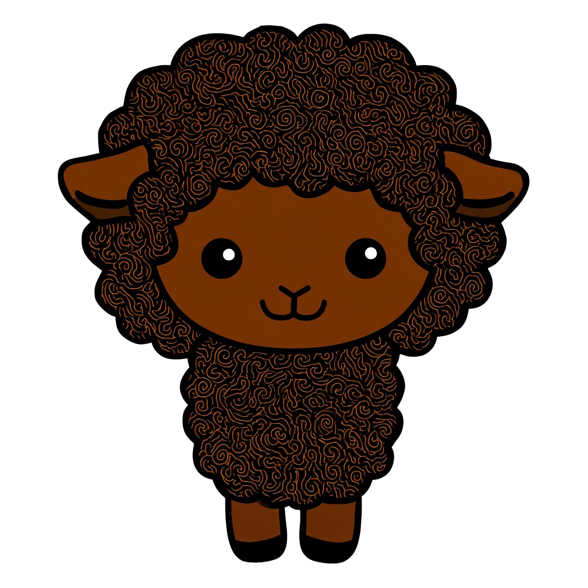 Cartoon brown sheep with curly wool and large black eyes.