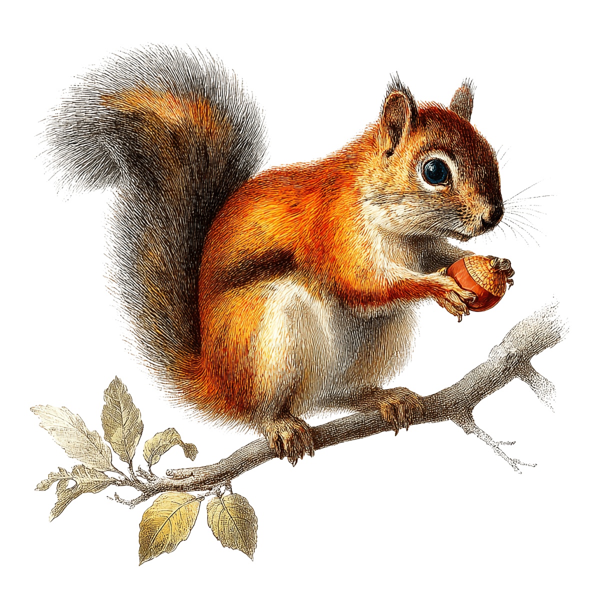 Brown squirrel holding acorn on branch