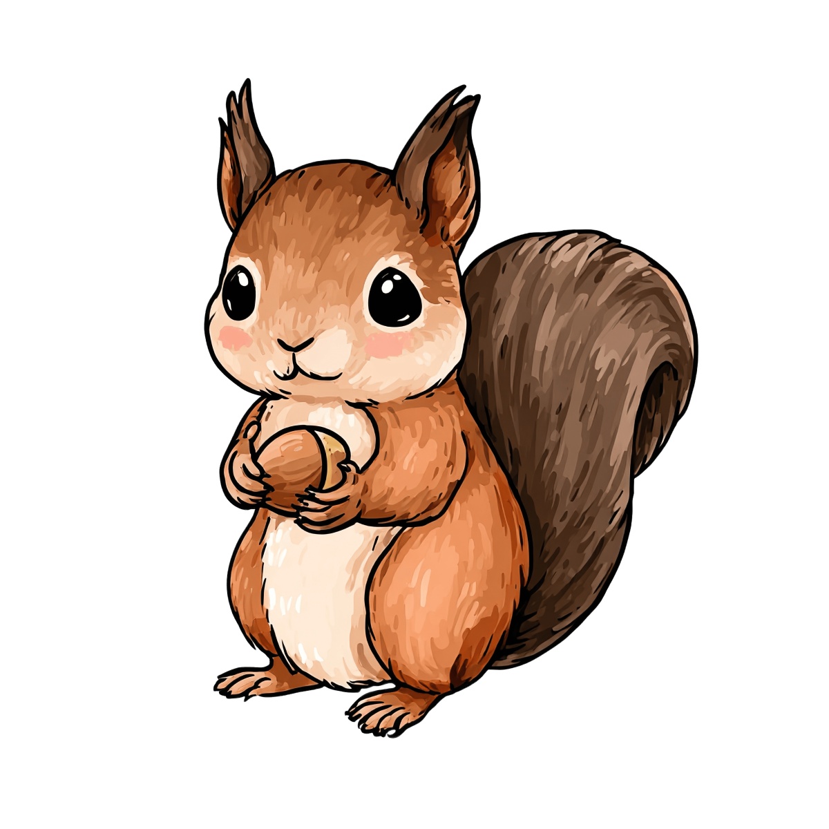Brown squirrel holding an acorn with a bushy tail in clipart style.