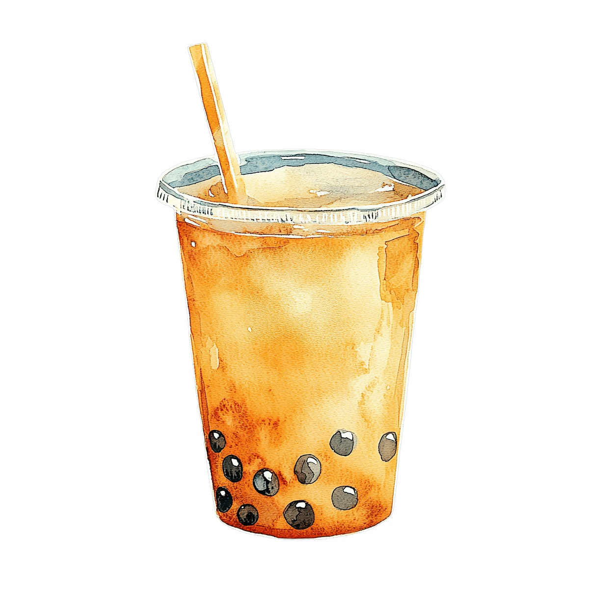 Bubble tea cup with tapioca pearls and a straw in watercolor style.