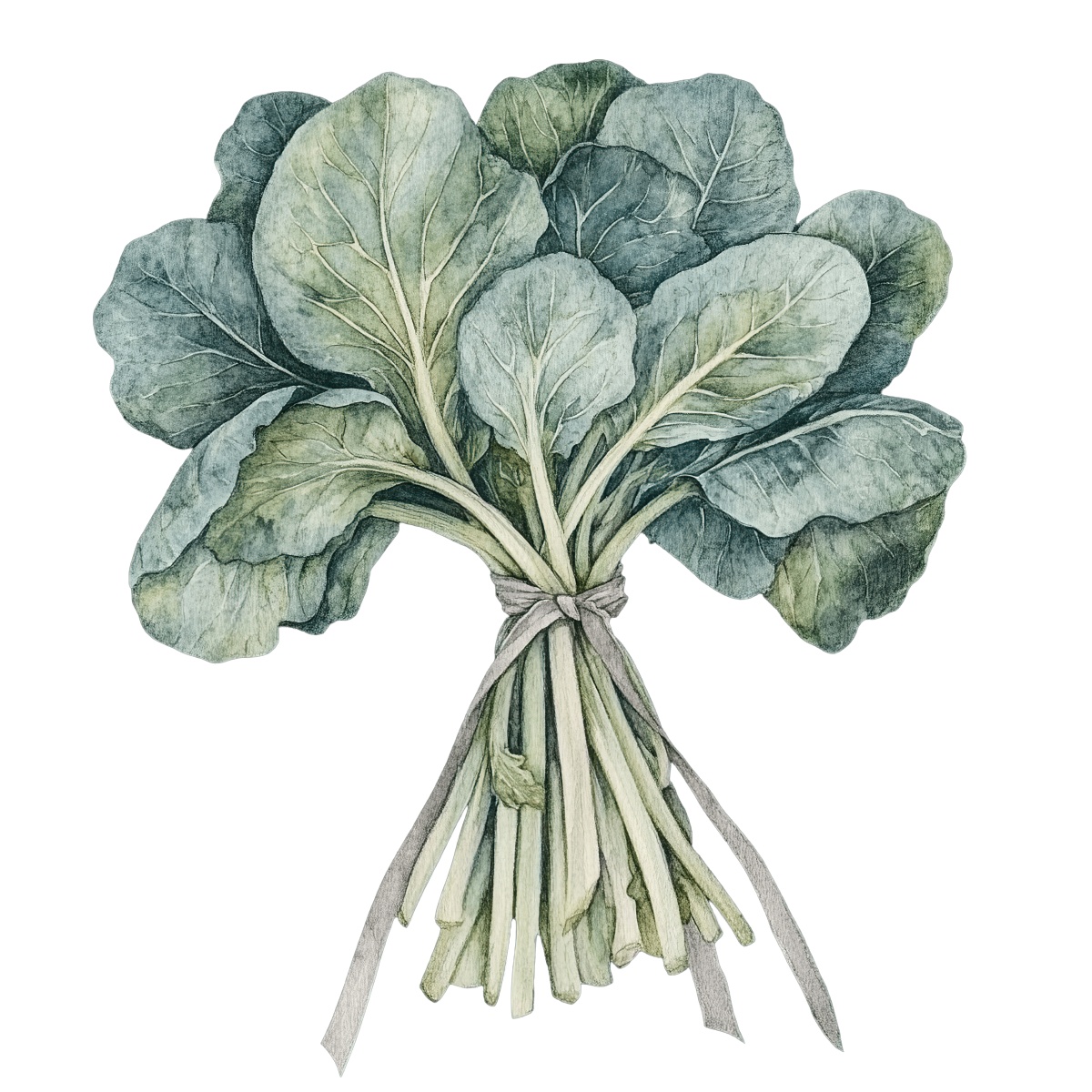 Bunch of collard greens tied with a ribbon.