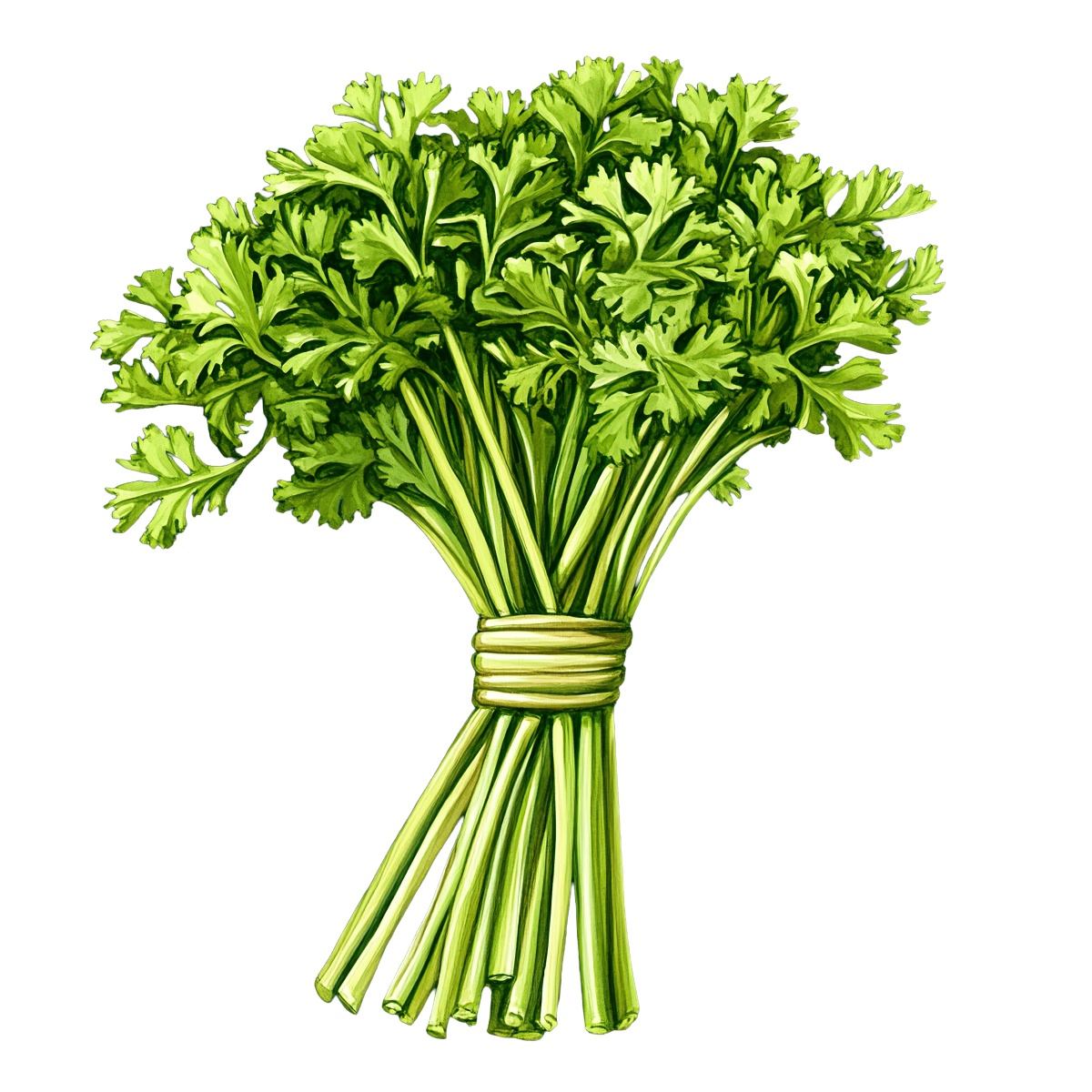 Bunch of fresh green parsley tied together in a clipart style.