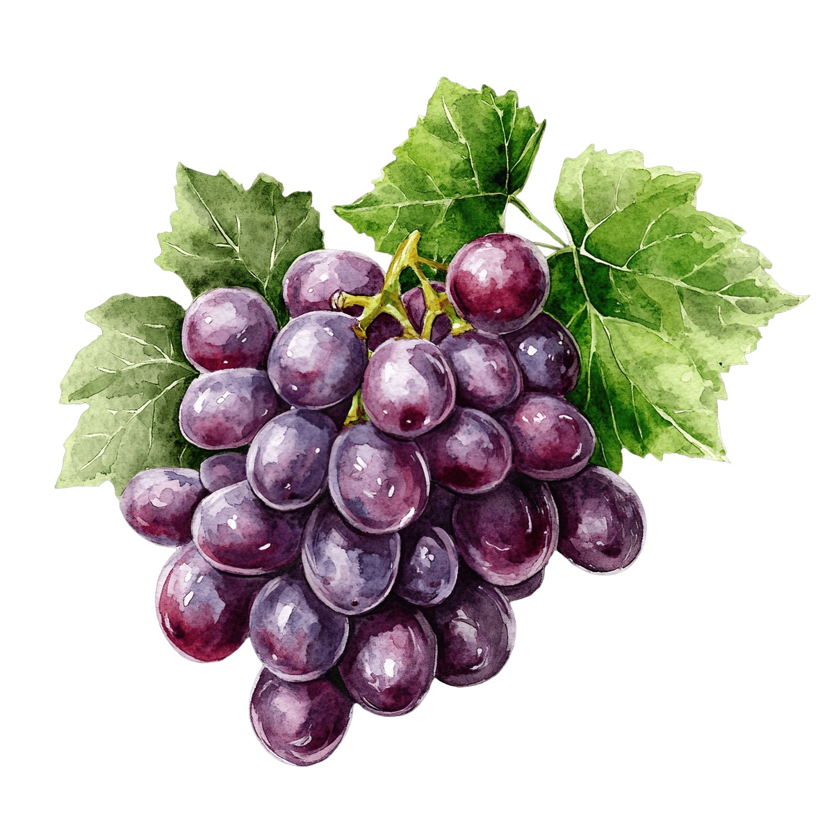 Bunch of purple grapes with green leaves.