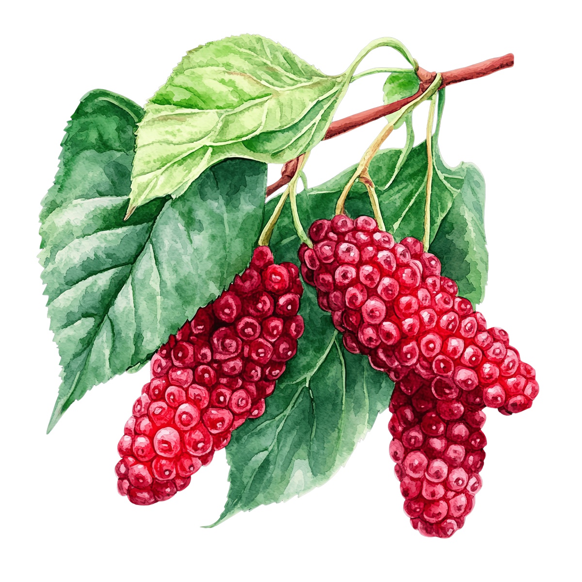 Ripe mulberries hanging from a branch with green leaves.