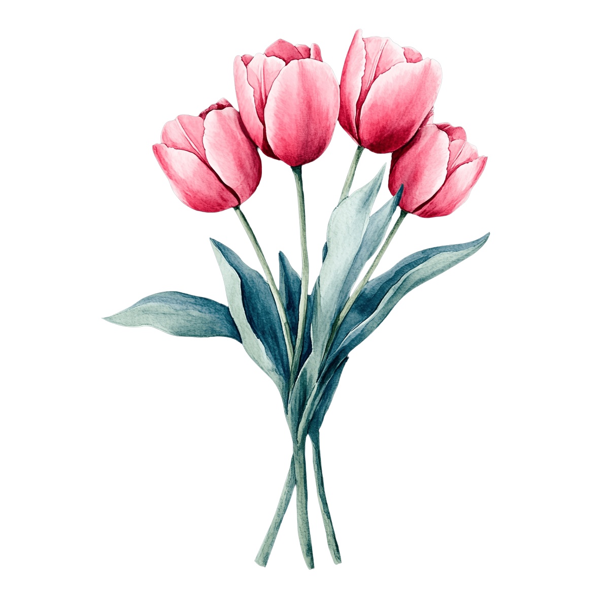 Pink tulip flowers with green stems and leaves on a dark background.