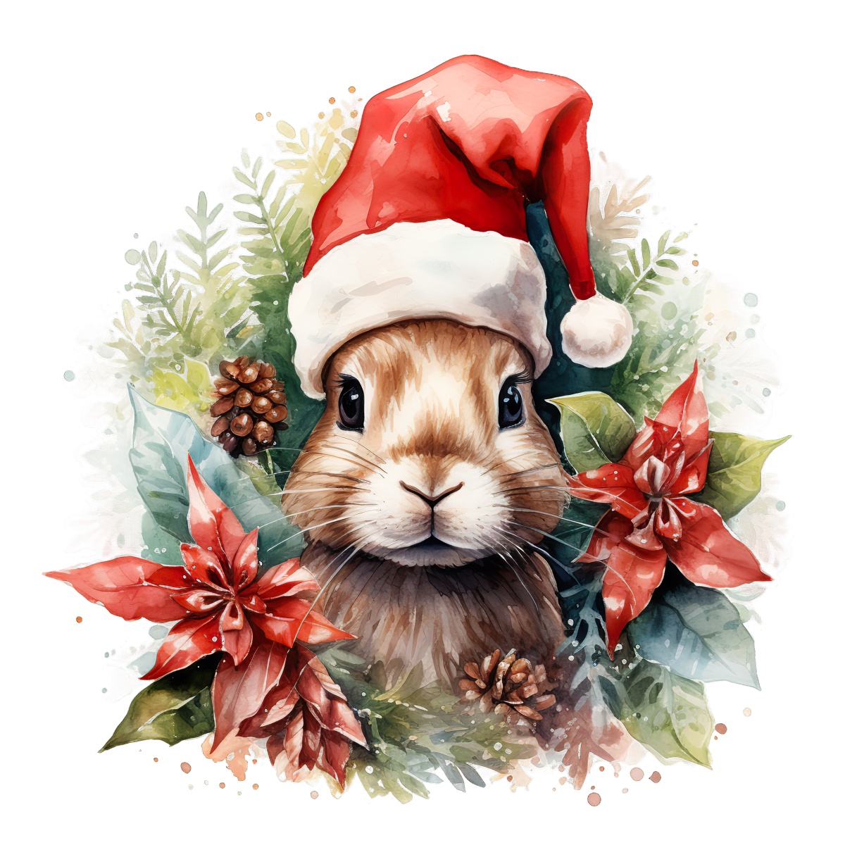 Rabbit with a Santa hat surrounded by festive greenery and red flowers.