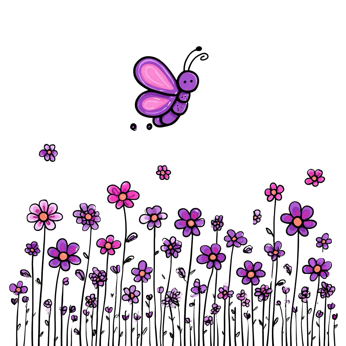 Purple butterfly flying over a field of colorful flowers on a dark background.
