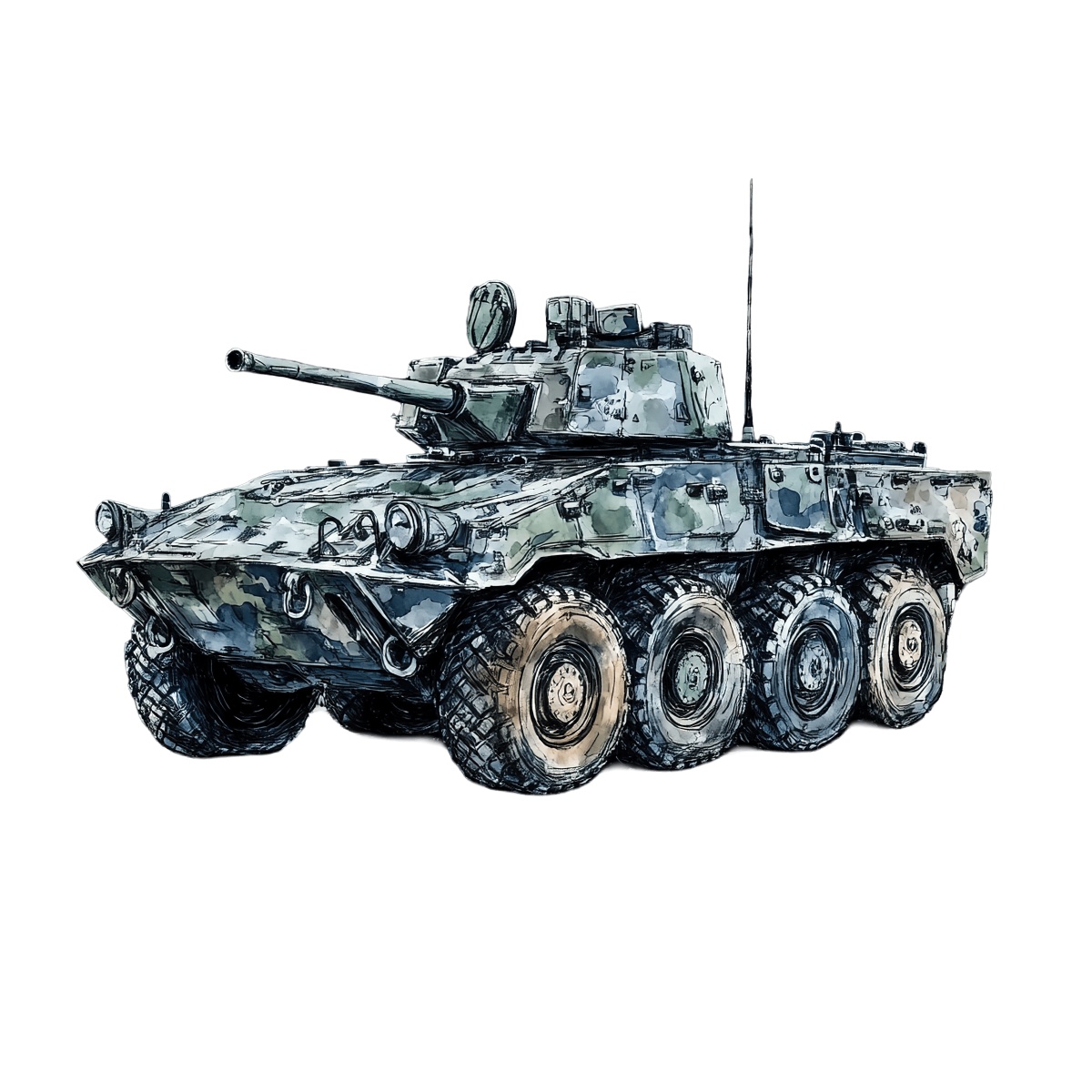 Armored military vehicle with camouflage and gun turret on large wheels.