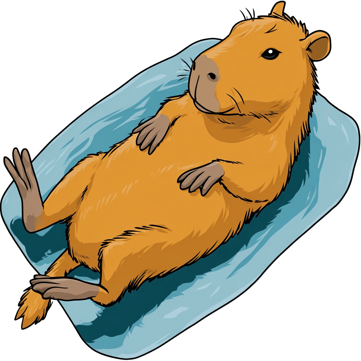 Capybara lying on a blue inflatable pool float in a cartoon style.