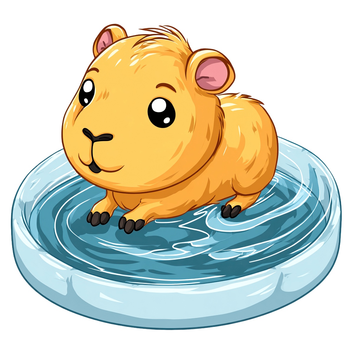 Cartoon capybara sitting in a small blue pool, yellow fur.