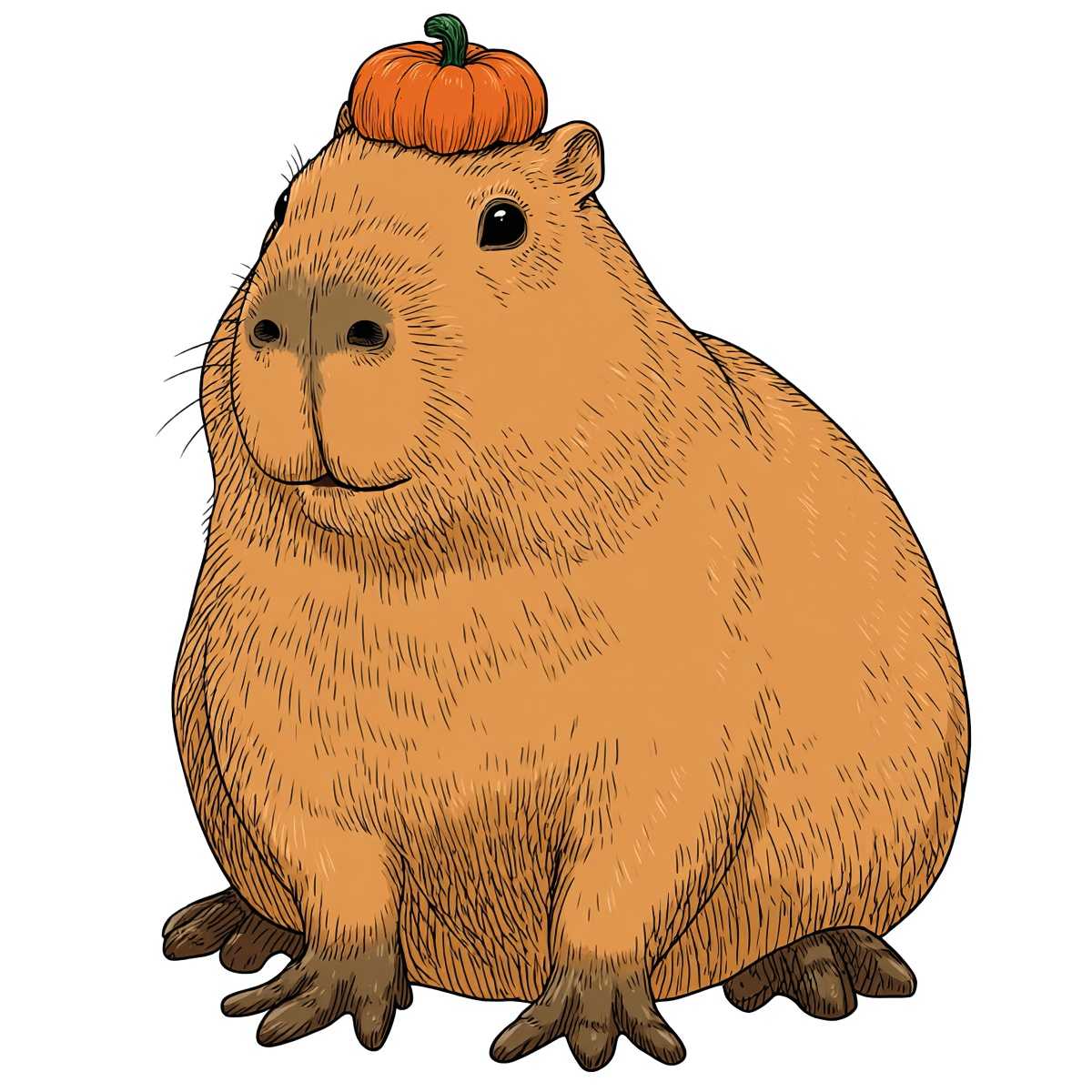 Clipart image of a capybara with a pumpkin on its head, brown fur, detailed style.