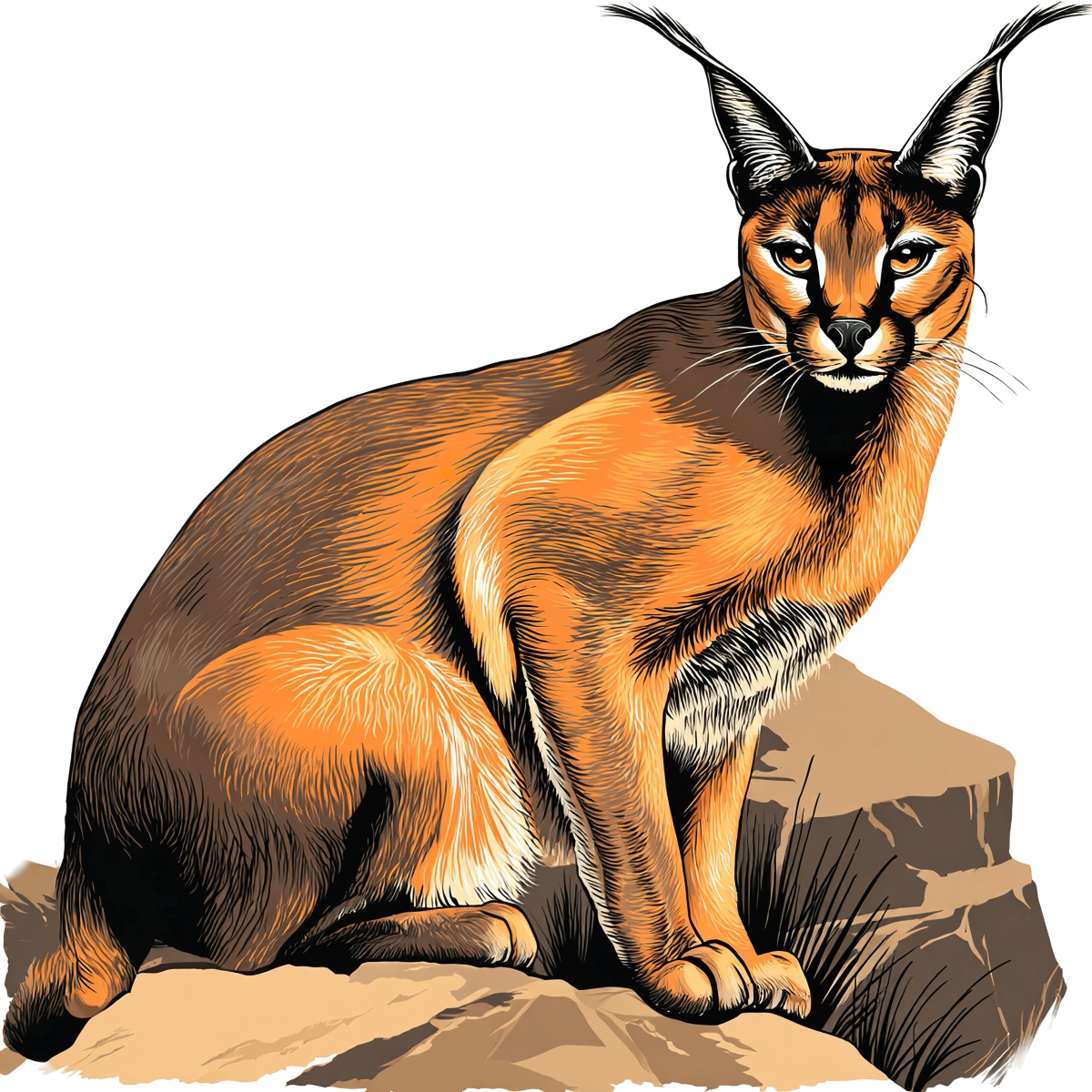 Illustrated caracal sitting on rocks