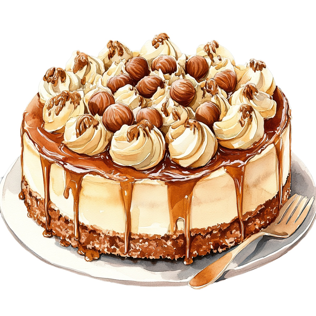 Cheesecake with caramel drizzle, whipped cream, and hazelnuts on a plate.