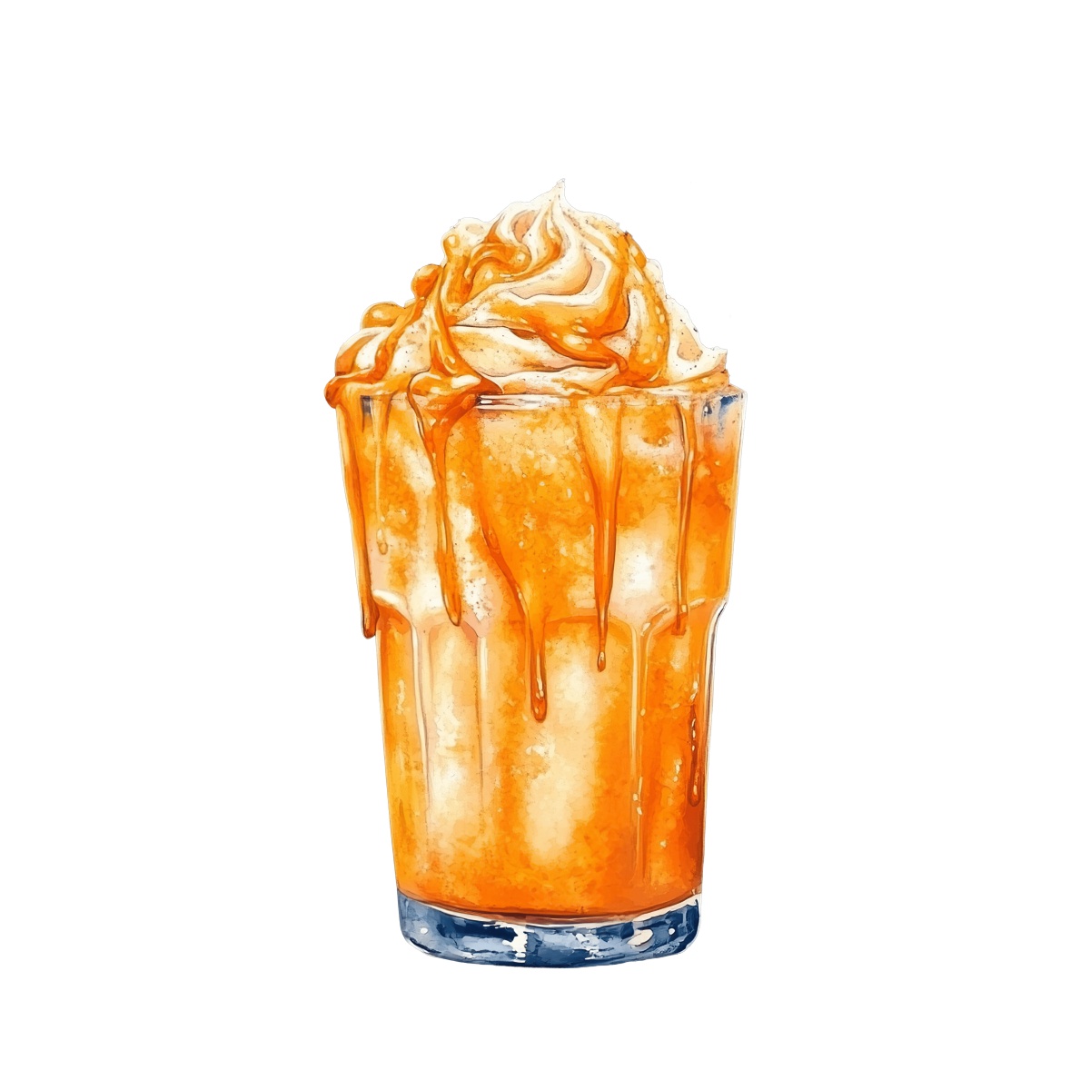 Iced coffee in a glass with whipped cream and caramel drizzle.