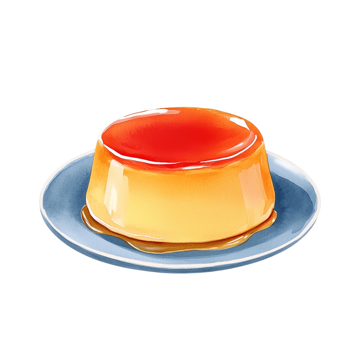Caramel flan dessert placed on a blue ceramic plate.
